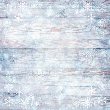 White light vintage wood winter texture with snowflakes and blue pine tree for paper and scrapbooking design