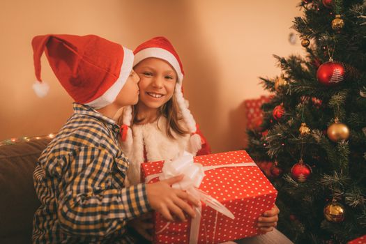 Cute boy give a present to its smiling sister for Christmas or New Year at the home. Looking at camera.