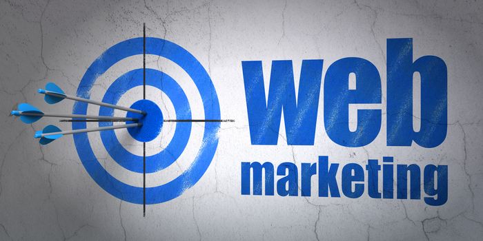 Success web development concept: arrows hitting the center of target, Blue Web Marketing on wall background, 3D rendering