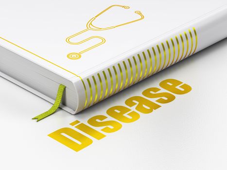 Healthcare concept: closed book with Gold Stethoscope icon and text Disease on floor, white background, 3D rendering