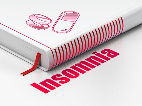 Healthcare concept: closed book with Red Pills icon and text Insomnia on floor, white background, 3D rendering