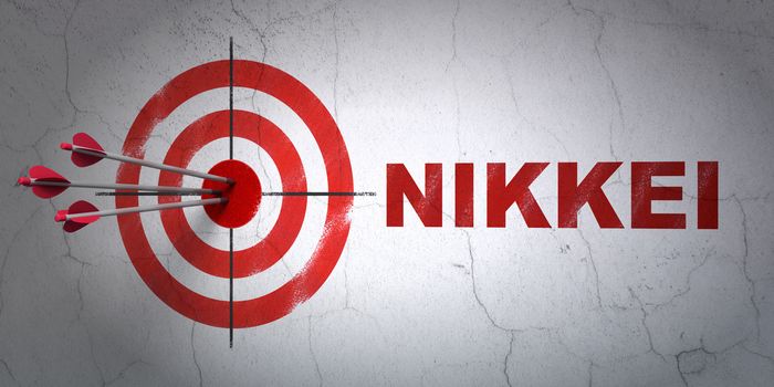 Success Stock market indexes concept: arrows hitting the center of target, Red Nikkei on wall background, 3D rendering