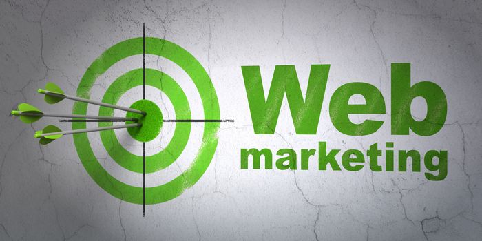 Success web design concept: arrows hitting the center of target, Green Web Marketing on wall background, 3D rendering