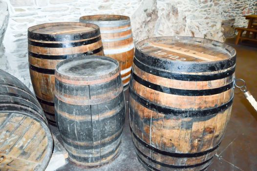 Ancient wooden barrels for the preservation of wine in the cellars of the castle of Vianden