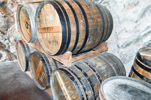 Ancient wooden barrels for the preservation of wine in the cellars of the castle of Vianden