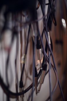 Many jack cords, recording studio gears, selective focus