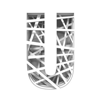 Paper cut out font letter U 3D render illustration isolated on white background