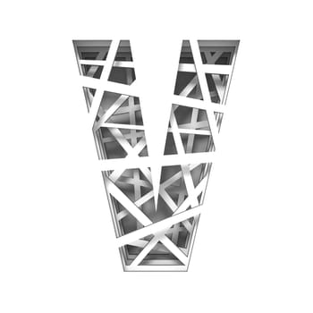 Paper cut out font letter V 3D render illustration isolated on white background