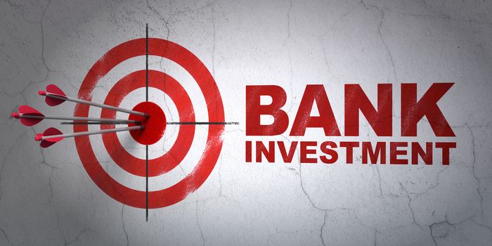 Success currency concept: arrows hitting the center of target, Red Bank Investment on wall background, 3D rendering
