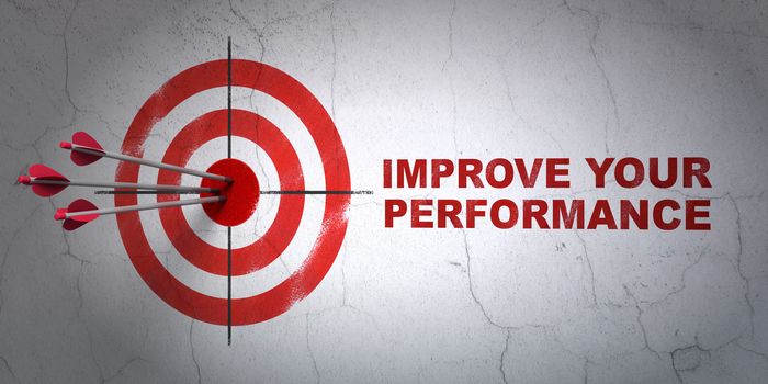 Success Learning concept: arrows hitting the center of target, Red Improve Your Performance on wall background, 3D rendering