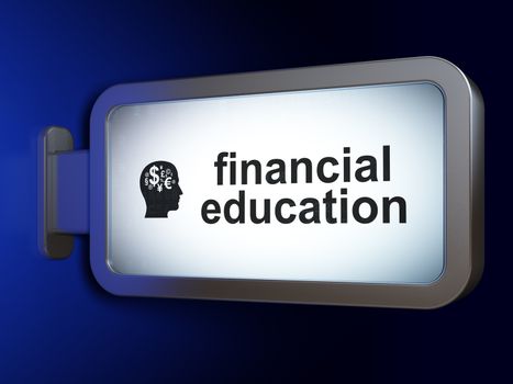 Studying concept: Financial Education and Head With Finance Symbol on advertising billboard background, 3D rendering