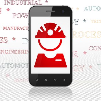 Industry concept: Smartphone with  red Factory Worker icon on display,  Tag Cloud background, 3D rendering