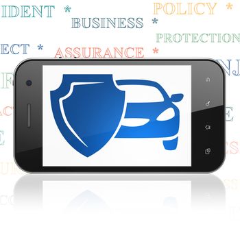 Insurance concept: Smartphone with  blue Car And Shield icon on display,  Tag Cloud background, 3D rendering