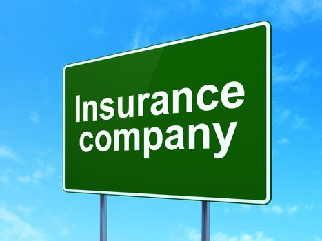 Insurance concept: Insurance Company on green road highway sign, clear blue sky background, 3D rendering