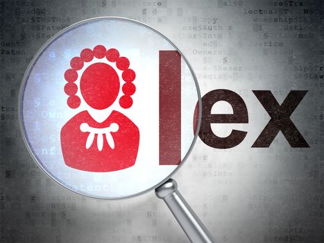 Law concept: magnifying optical glass with Judge icon and Lex word on digital background, 3D rendering