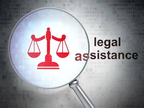 Law concept: magnifying optical glass with Scales icon and Legal Assistance word on digital background, 3D rendering