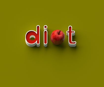 3D RENDERING OF WORDS 'di', AN APPLE AND 't' ON YELLOW PLAIN BACKGROUND