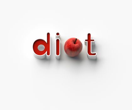 3D RENDERING OF WORDS 'di', AN APPLE AND 't' ON WHITE PLAIN BACKGROUND