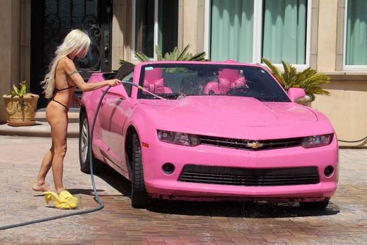 Frenchy Morgan the "Celebrity Big Brother" Star is spotted on a hot day wearing a tiny pink bikini while washing her pink car in Malibu, CA 05-22-17