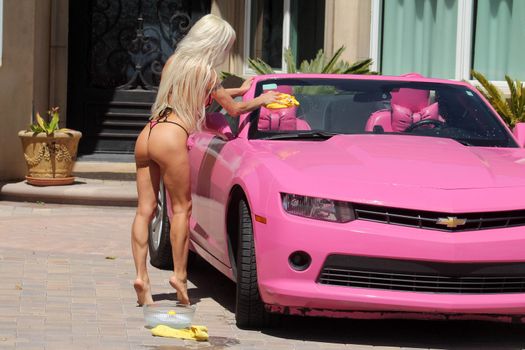 Frenchy Morgan the "Celebrity Big Brother" Star is spotted on a hot day wearing a tiny pink bikini while washing her pink car in Malibu, CA 05-22-17