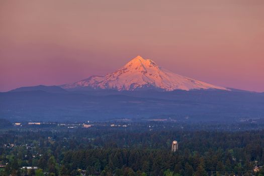 Sunset last light on Mount Hood from Rocky Butte viewpoint in Portland Oregon