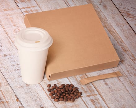 paper cup,coffee beans,sugar and box