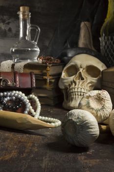 Gothic still life with skull and garlic