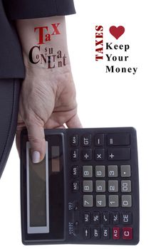 The hand of a professional tax consultant with a calculator and an appeal to save your money.