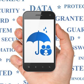 Privacy concept: Hand Holding Smartphone with  blue Family And Umbrella icon on display,  Tag Cloud background, 3D rendering