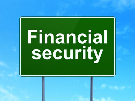 Safety concept: Financial Security on green road highway sign, clear blue sky background, 3D rendering