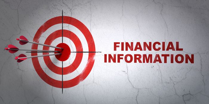 Success business concept: arrows hitting the center of target, Red Financial Information on wall background, 3D rendering