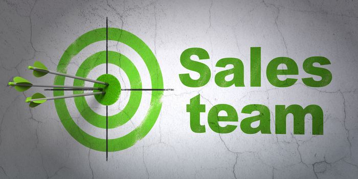 Success advertising concept: arrows hitting the center of target, Green Sales Team on wall background, 3D rendering