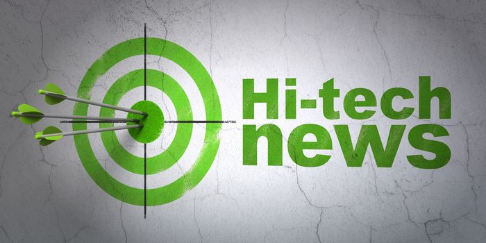 Success news concept: arrows hitting the center of target, Green Hi-tech News on wall background, 3D rendering