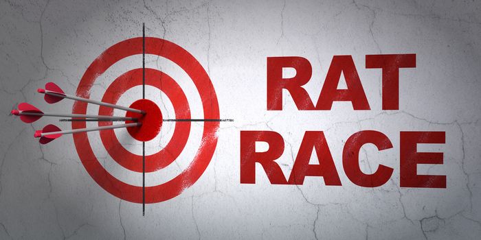 Success politics concept: arrows hitting the center of target, Red Rat Race on wall background, 3D rendering