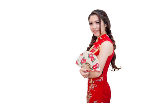 Beautiful young asian woman wearing Chinese traditional dress cheongsam or qipao isolated on white background.
