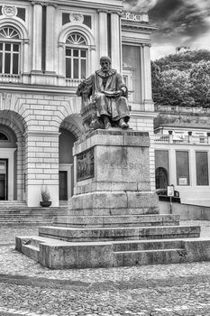 The iconic statue of Bernardino Telesio, Italian philosopher and natural scientist. Old town of Cosenza, Italy