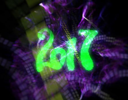 Happy new year 2017 isolated numbers written with sparkle light on black blurred bokeh background frame.
