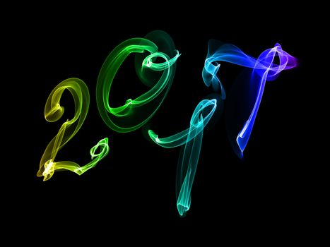 Happy new year 2017 isolated numbers written with flame light on black background.