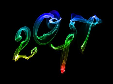 Happy new year 2017 isolated numbers written with flame light on black background.