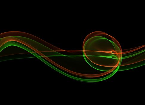 abstract eco fresh green and red smoke flame ribbon over black background.