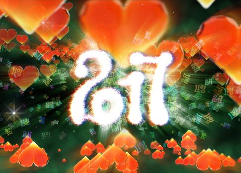 Happy new year 2017 isolated numbers written with light on dark bokeh background and red flying hearts 3d illustration.