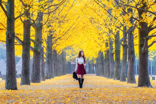 Beautiful Girl with Yellow Leaves in Nami Island, Korea.