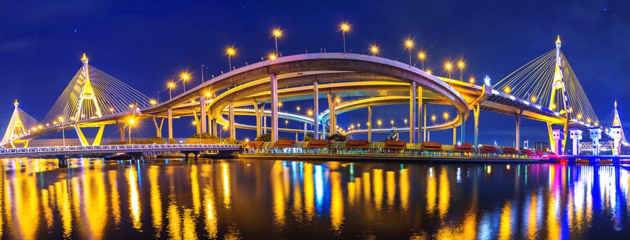 Panorama of Bhumibol suspension Bridge in Thailand.