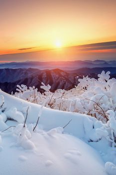 Sunrise on Deogyusan mountains covered with snow in winter,South Korea.