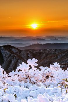 Beautiful sunrise on Deogyusan mountains covered with snow in winter,South Korea.