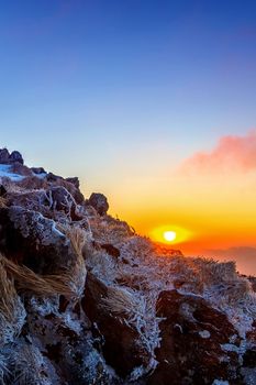 Sunrise on Deogyusan mountains covered with snow in winter,South Korea.