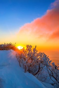 Sunrise on Deogyusan mountains covered with snow in winter,South Korea.