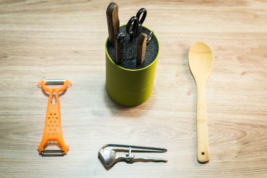 Kitchen knives set in plastic block