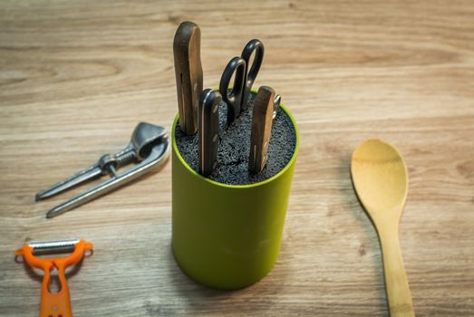 Kitchen knives set in plastic block