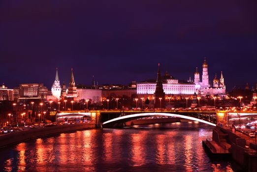 Night view Kremlin from the Moskva River in Moscow                        
